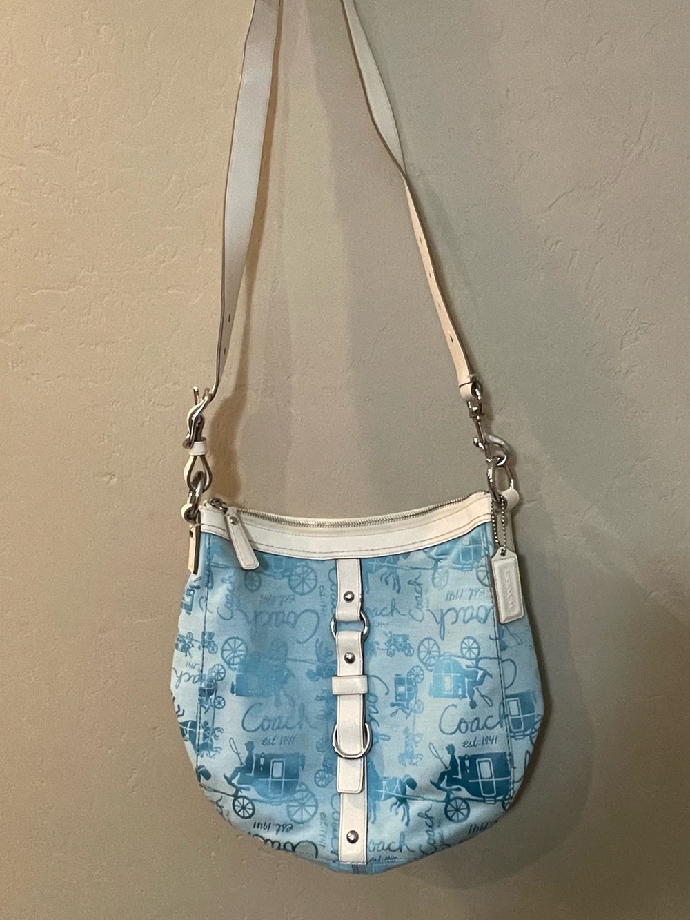 Coach Light Blue Signature Canvas Shoulder Bag Cream Trim horse carriage canvas - Picture 2 of 7